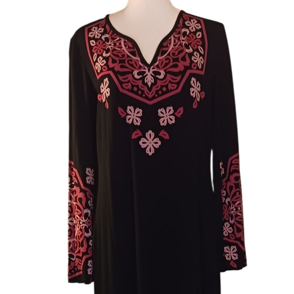 Women's Floral Design Dress Long Sleeve V-neck Black & Pink Large